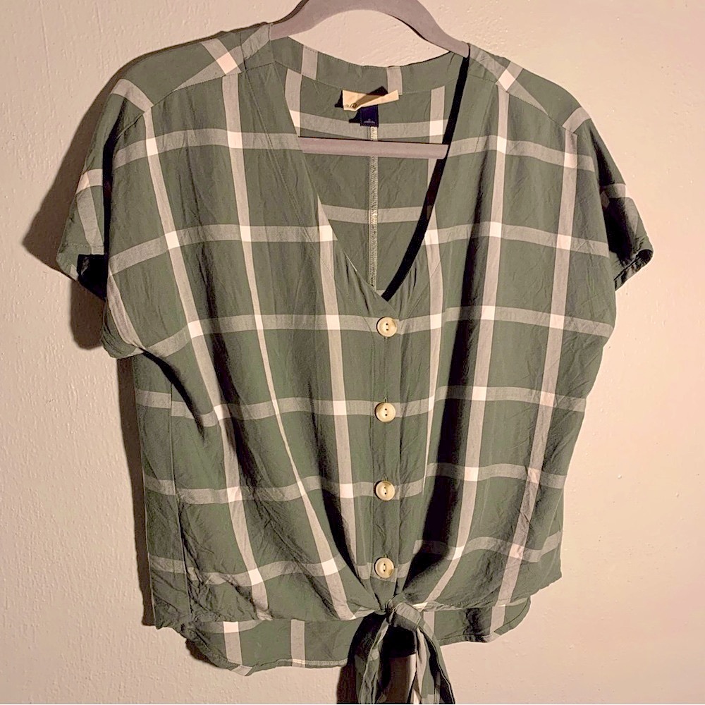 universal thread green plaid short sleeve collarless button up shirt w/‎ tie